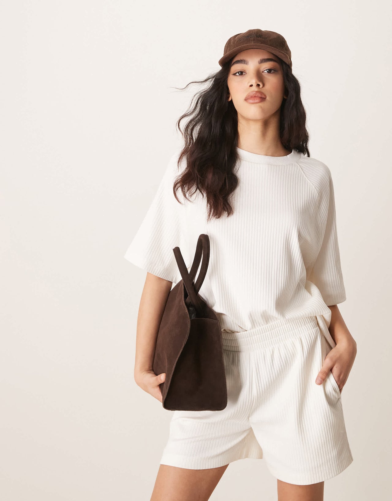 ASOS DESIGN oversized raglan co-ord tee in heavyweight chunky rib in cream