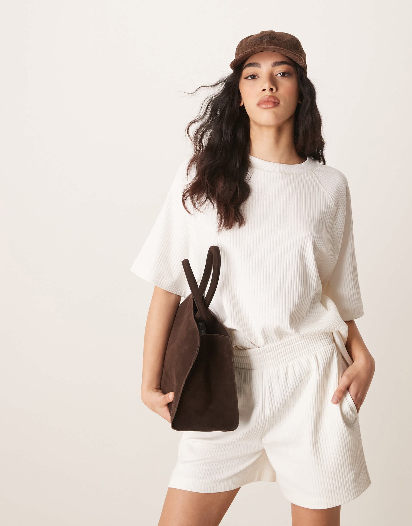 ASOS DESIGN oversized raglan co-ord tee in heavyweight chunky rib in cream