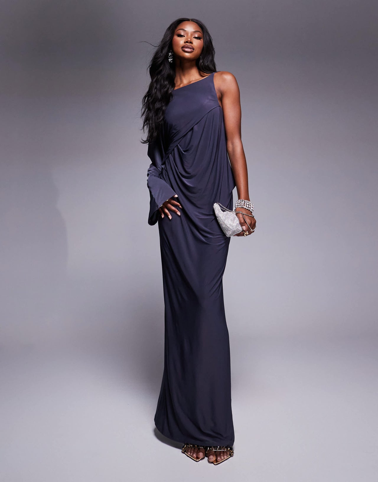 ASOS DESIGN slash neck long sleeve slouchy midi dress with diamante back trim in charcoal