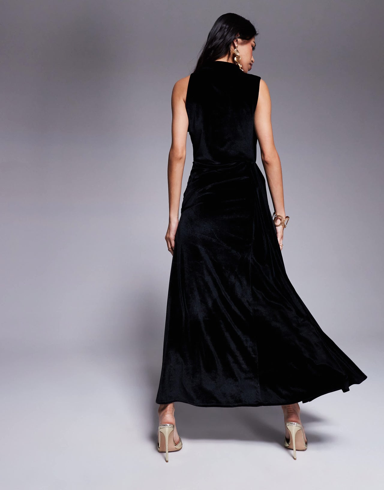 ASOS DESIGN velvet deep plunge midi dress with draped sash detail in black