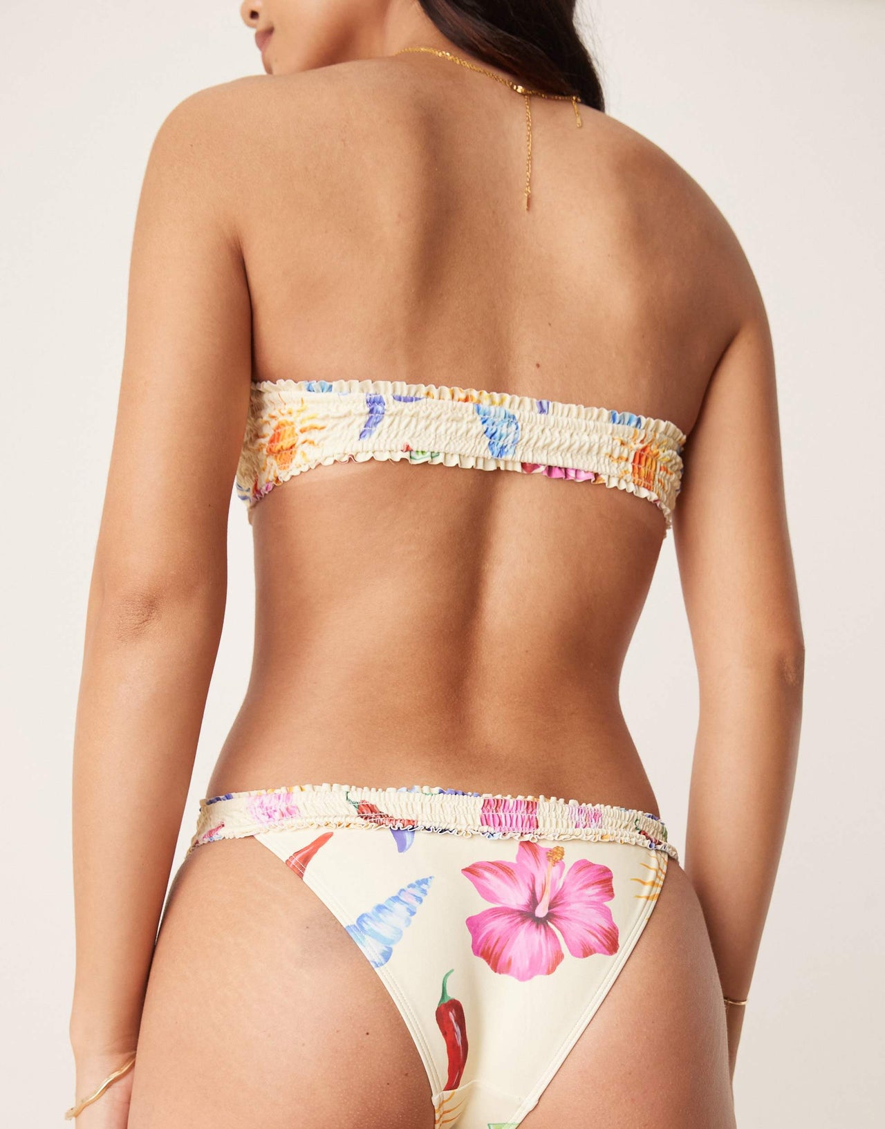 ASOS DESIGN May frill edge shirred hipster bikini bottom in shell print
