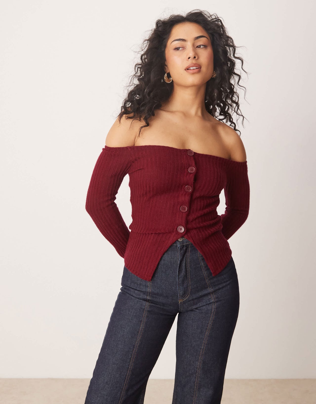 ASOS DESIGN off shoulder cardigan in burgundy