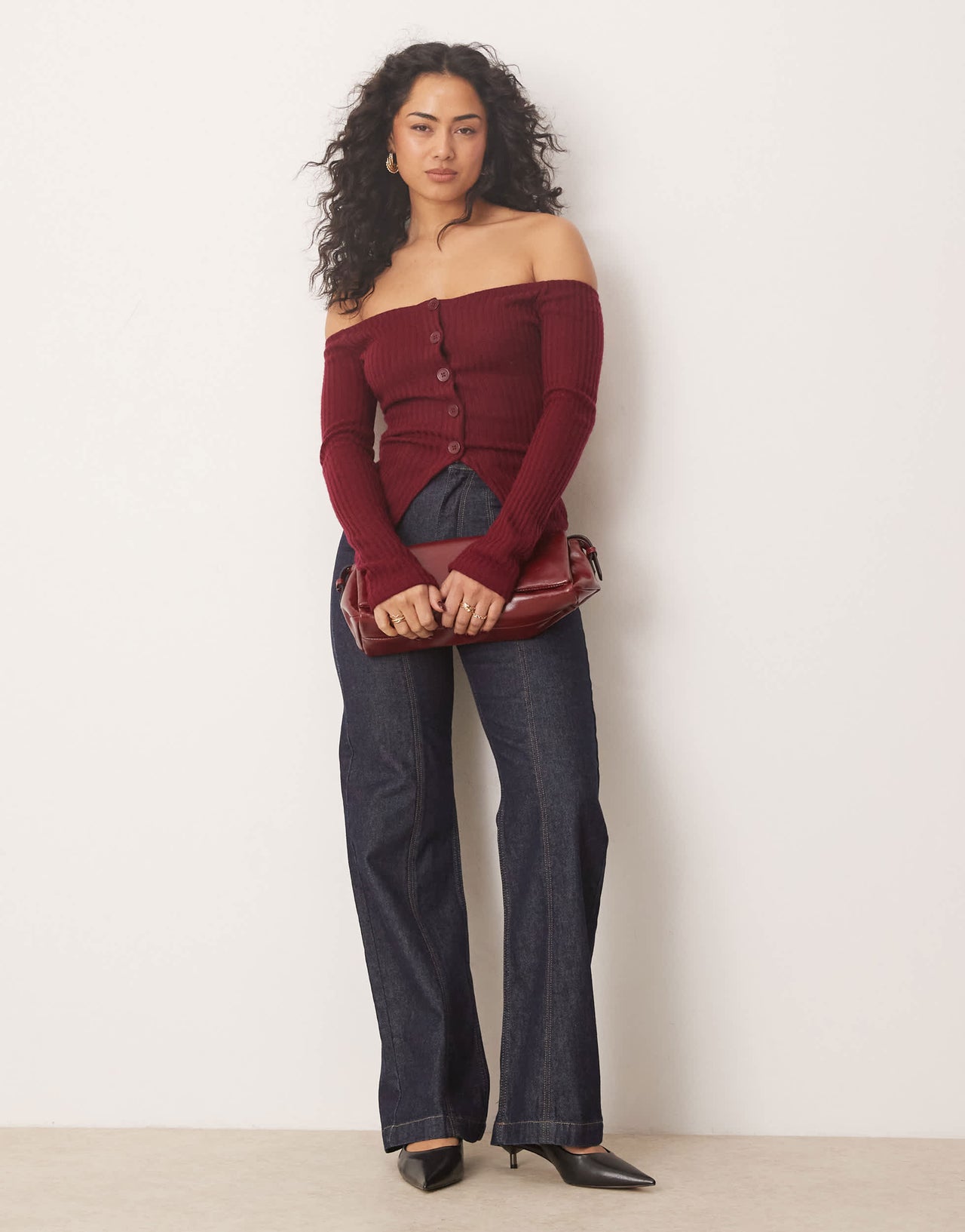 ASOS DESIGN off shoulder cardigan in burgundy