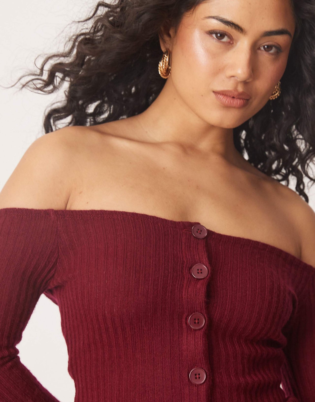 ASOS DESIGN off shoulder cardigan in burgundy
