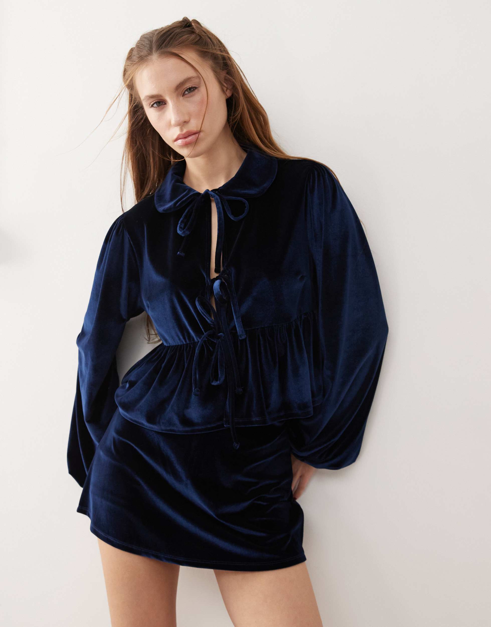 Reclaimed Vintage velvet tie front party top co-ord in navy