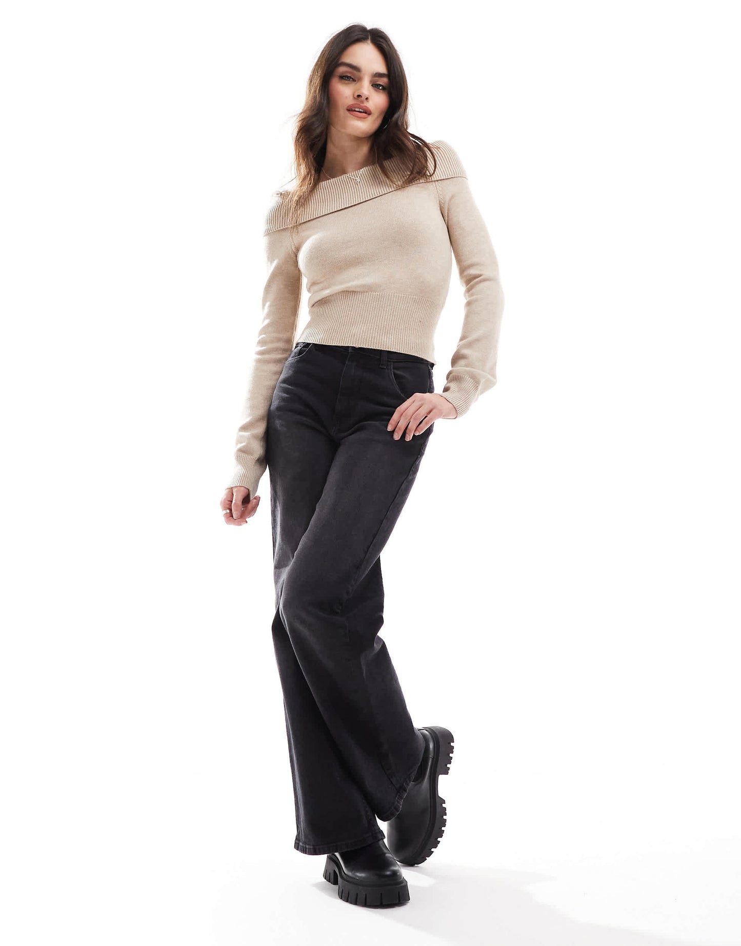 Bershka bardot knitted jumper in taupe