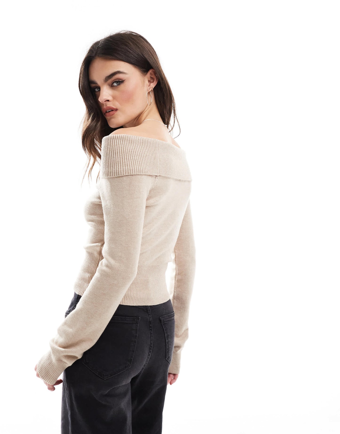 Bershka bardot knitted jumper in taupe