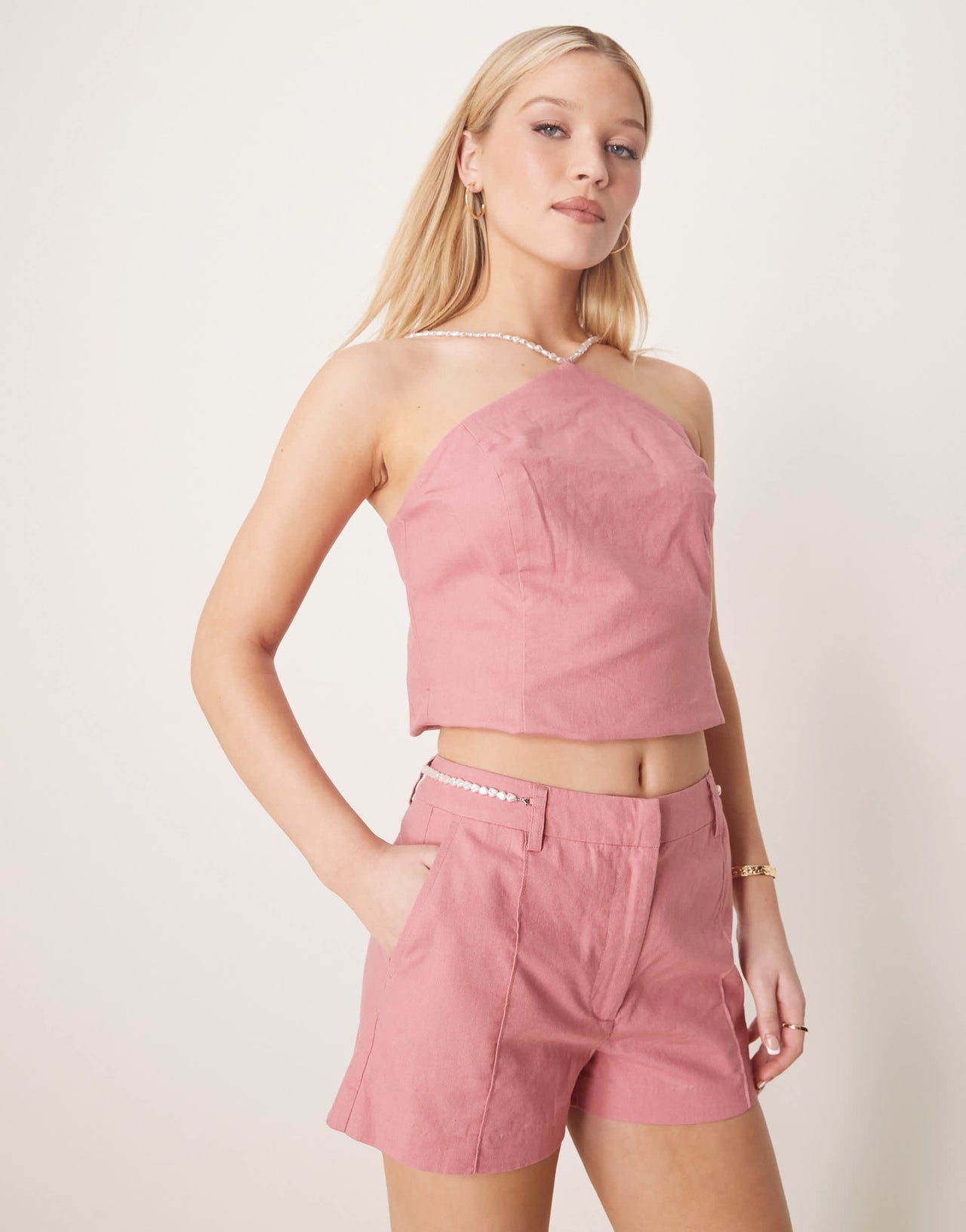 ASOS DESIGN tailored linen short co-ord with bead detail in pink