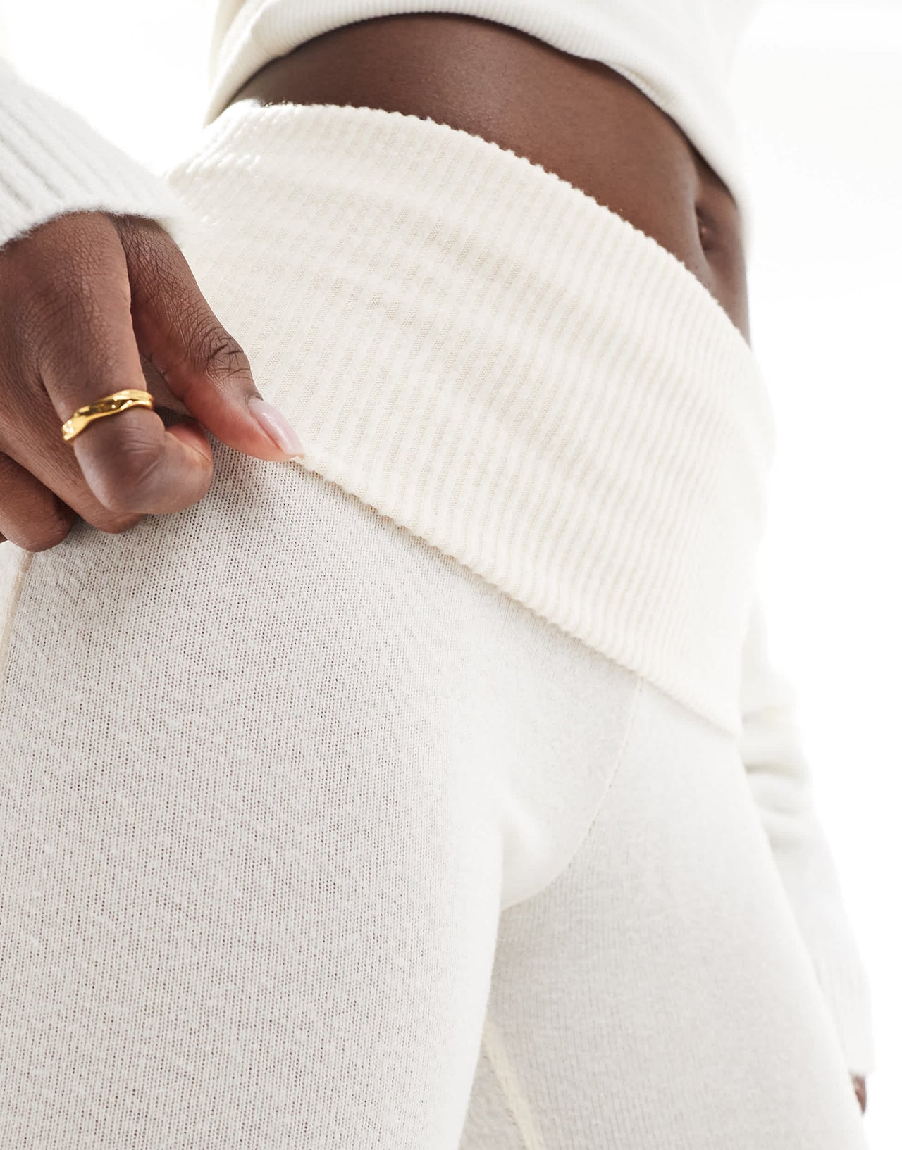 Bershka fold over waistband soft touch flared trousers in ecru