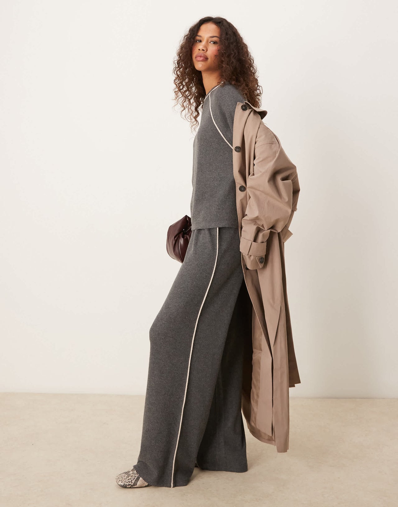 ASOS DESIGN wide leg brushed trouser with piping detail in grey