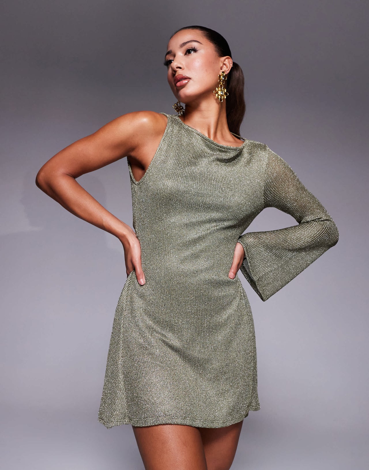 ASOS DESIGN chainmail angel sleeve mini dress with cowl back in slate
