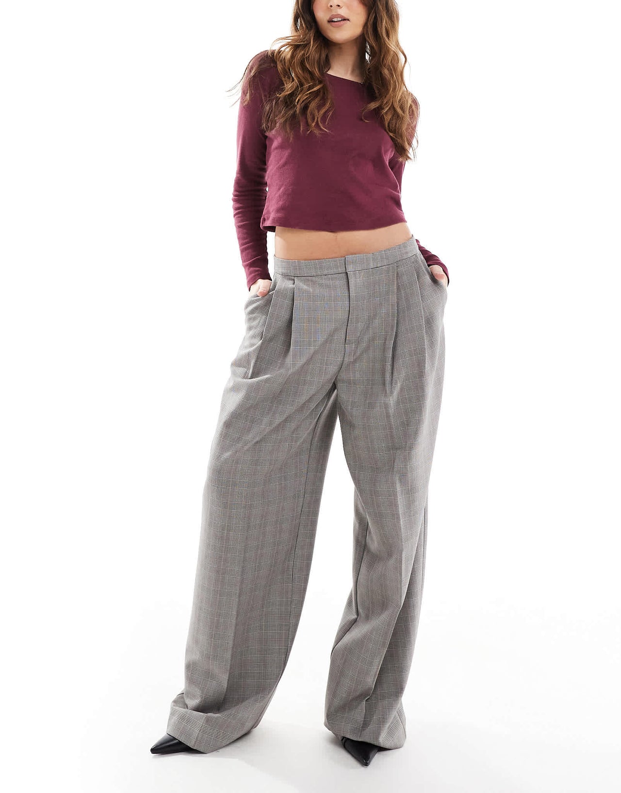 Pull&Bear checked wide leg tailored trouser in grey