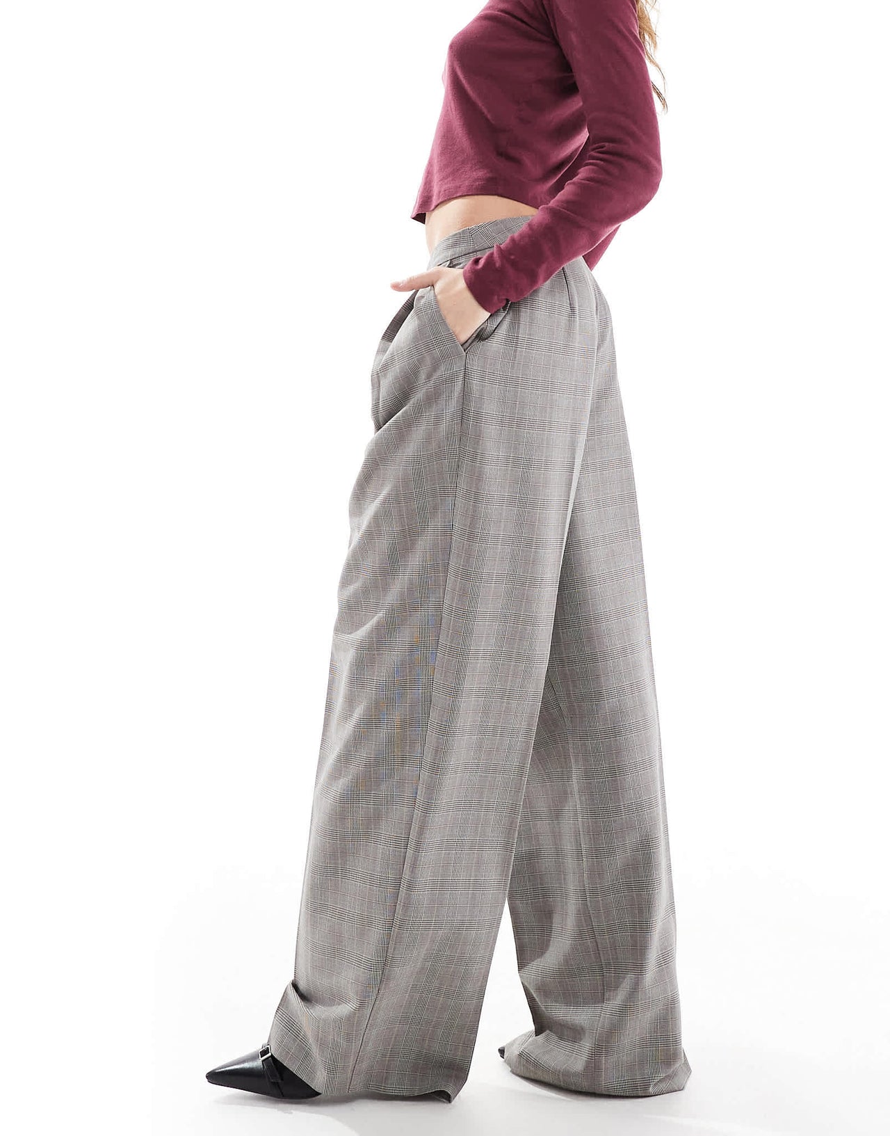 Pull&Bear checked wide leg tailored trouser in grey