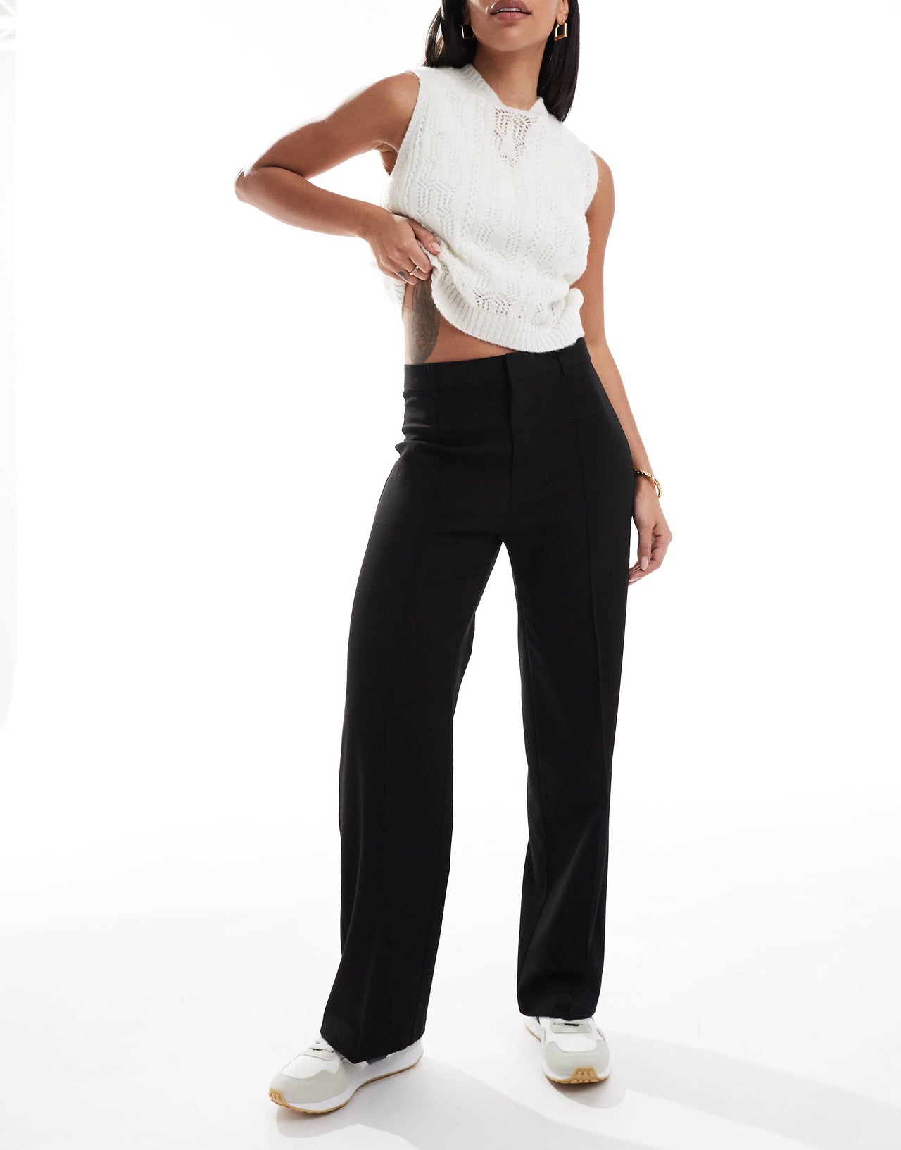 Pull&Bear straight leg tailored trousers with front seam in black