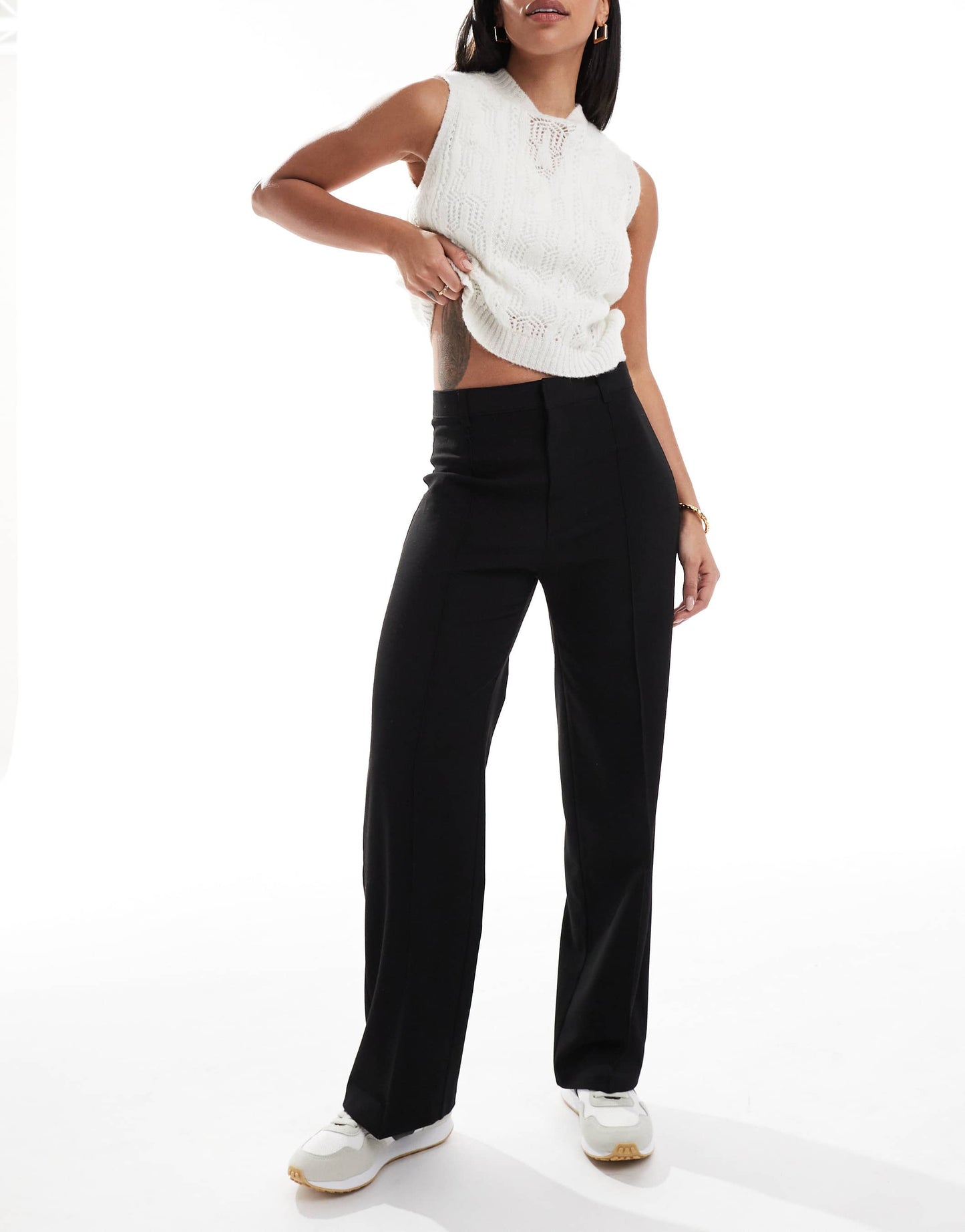 Pull&Bear straight leg tailored trousers with front seam in black