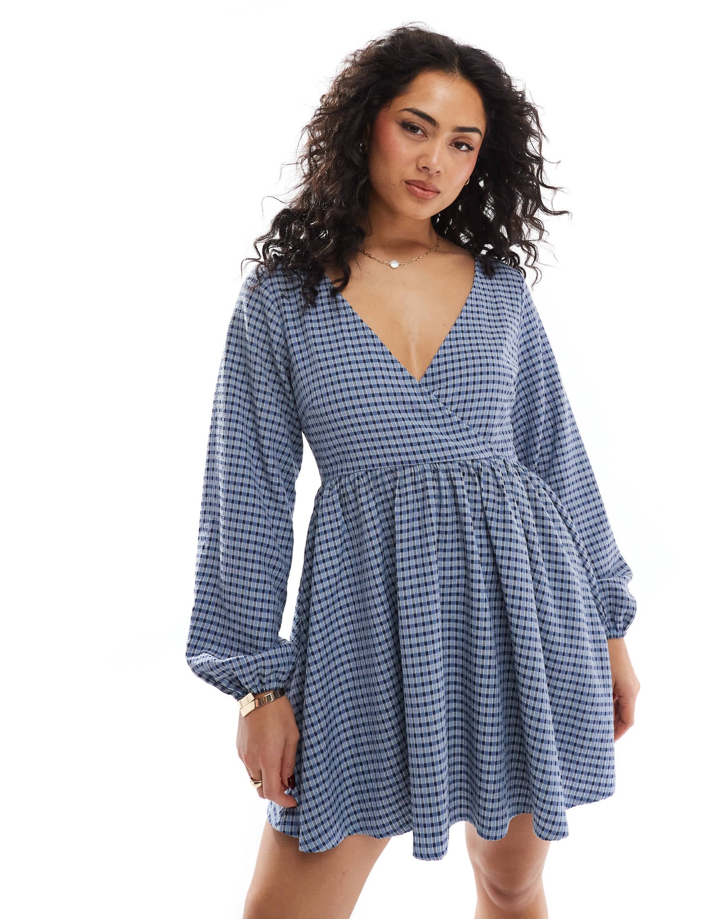 Daisy Street v neck mini dress in blue check