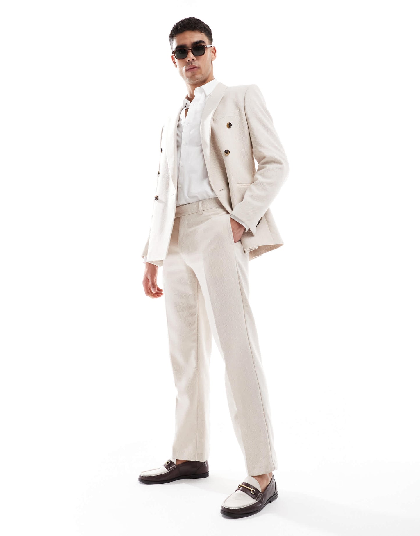 ASOS DESIGN wool blend straight leg suit trousers in stone basketweave