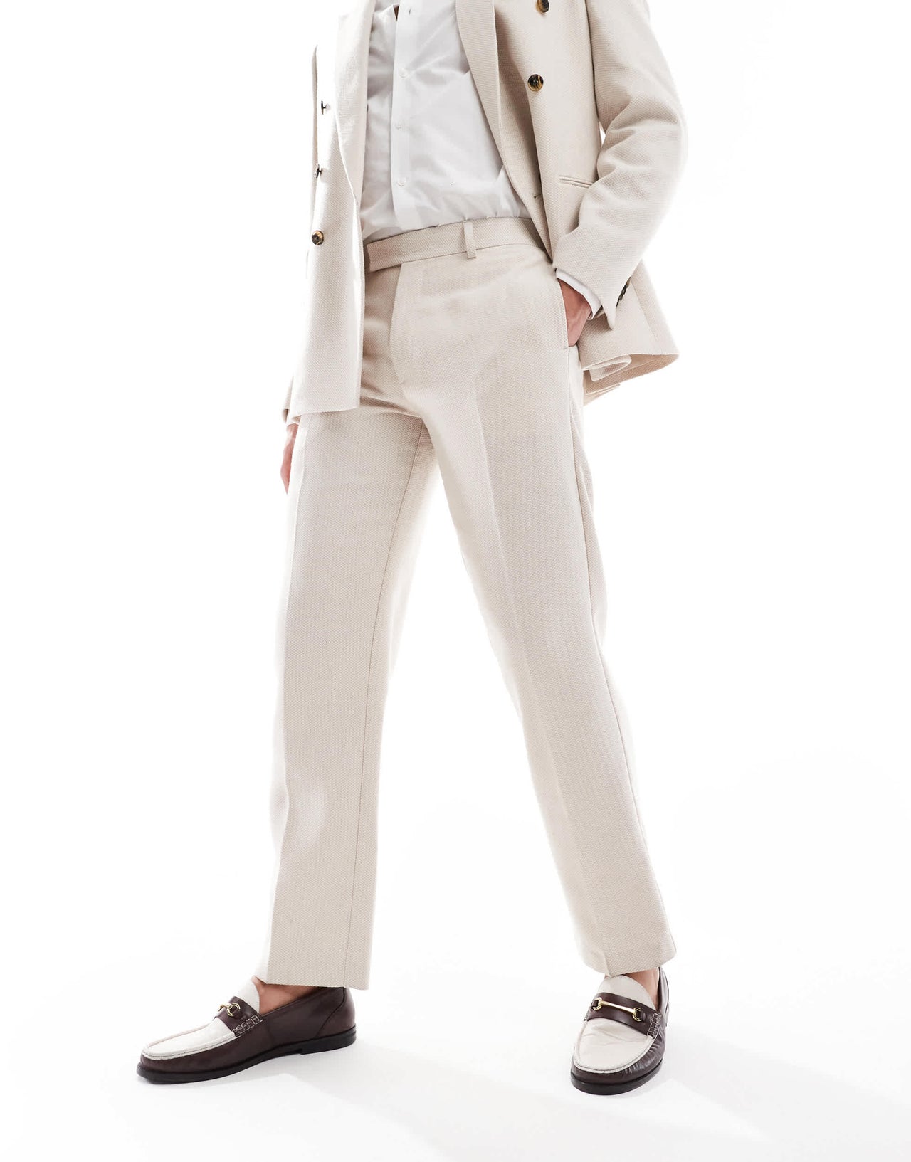 ASOS DESIGN wool blend straight leg suit trousers in stone basketweave