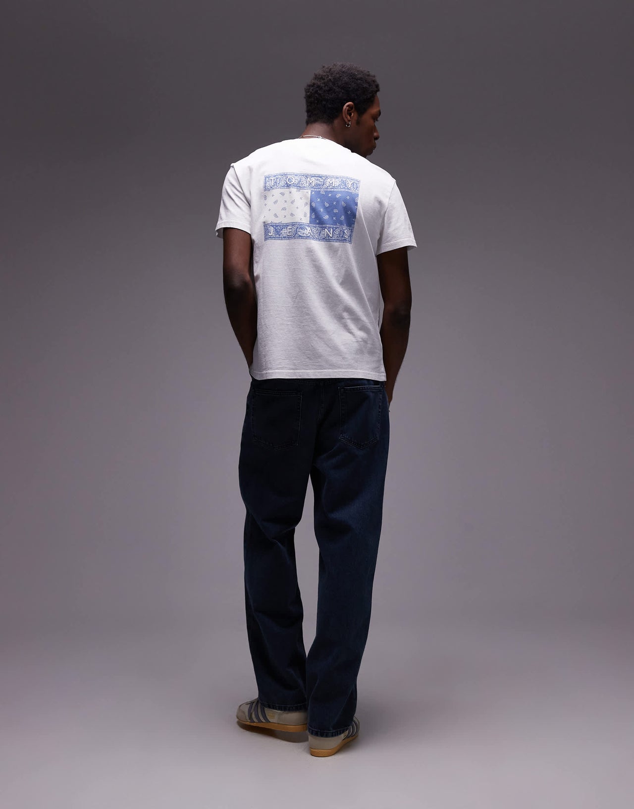 Tommy Jeans paisley flag back print t-shirt in white and blue