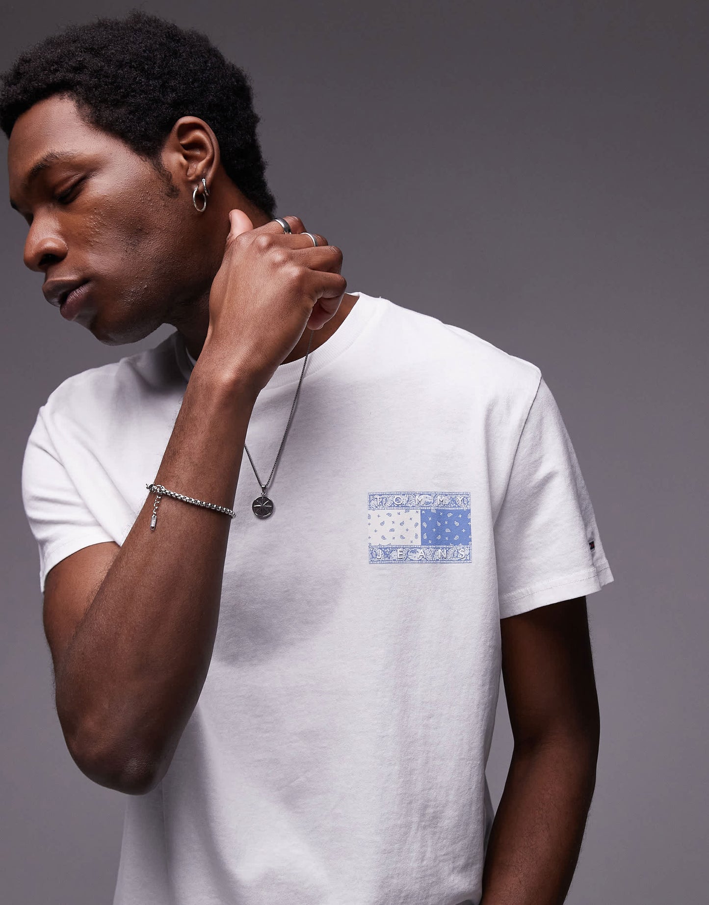 Tommy Jeans paisley flag back print t-shirt in white and blue