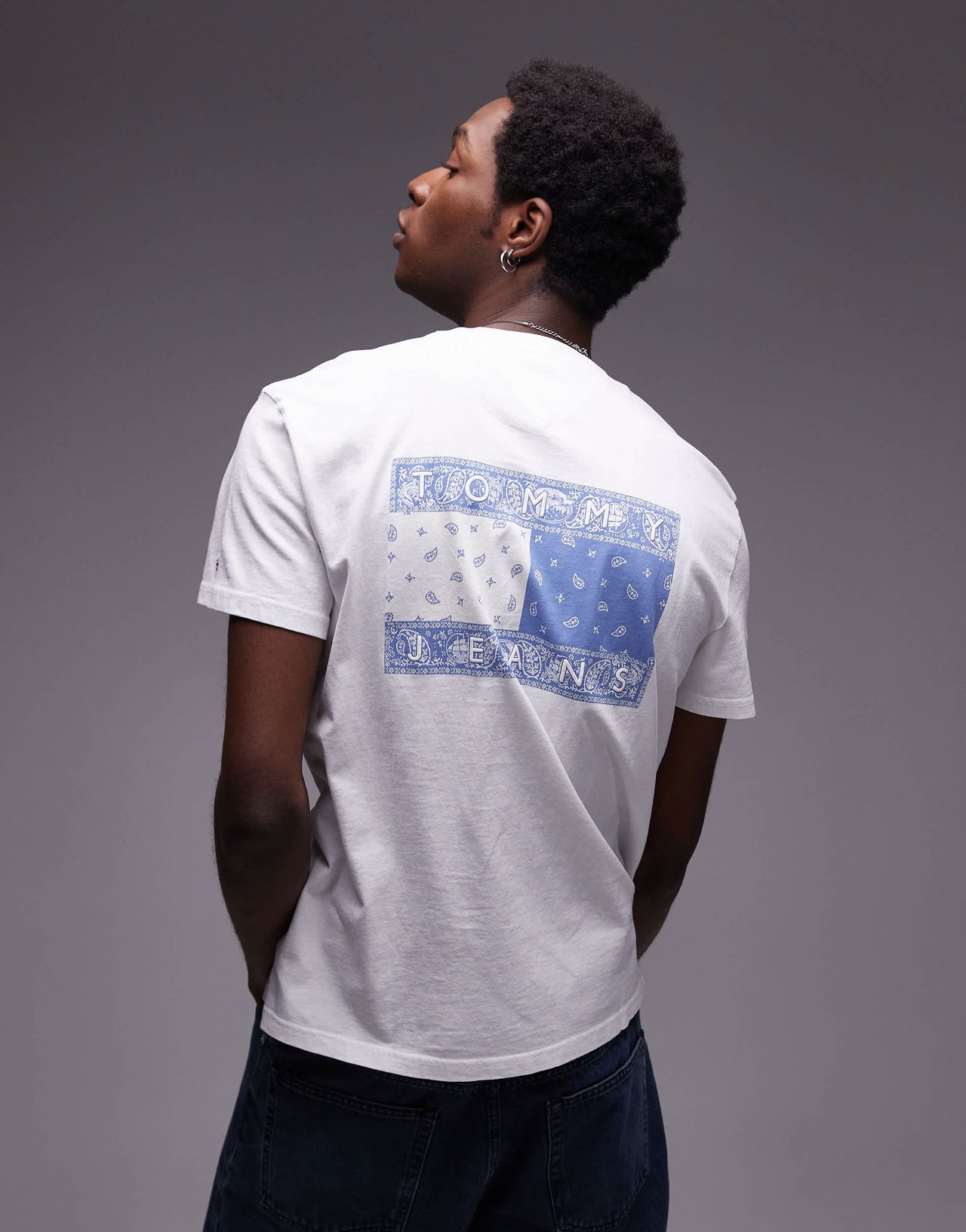 Tommy Jeans paisley flag back print t-shirt in white and blue