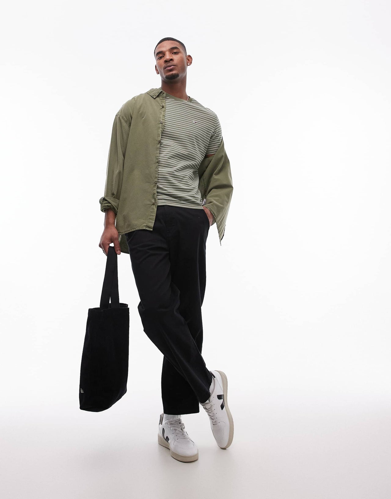Tommy Jeans slim stripe t-shirt in green and off white
