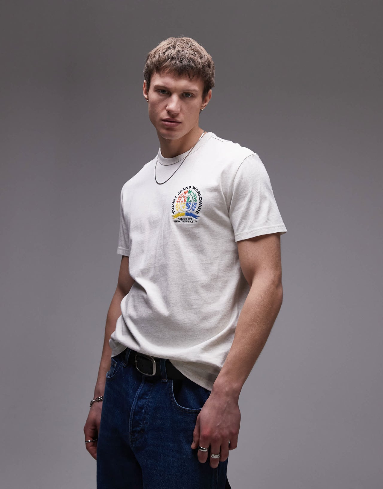 Tommy Jeans colourful crest logo t-shirt in oat marl