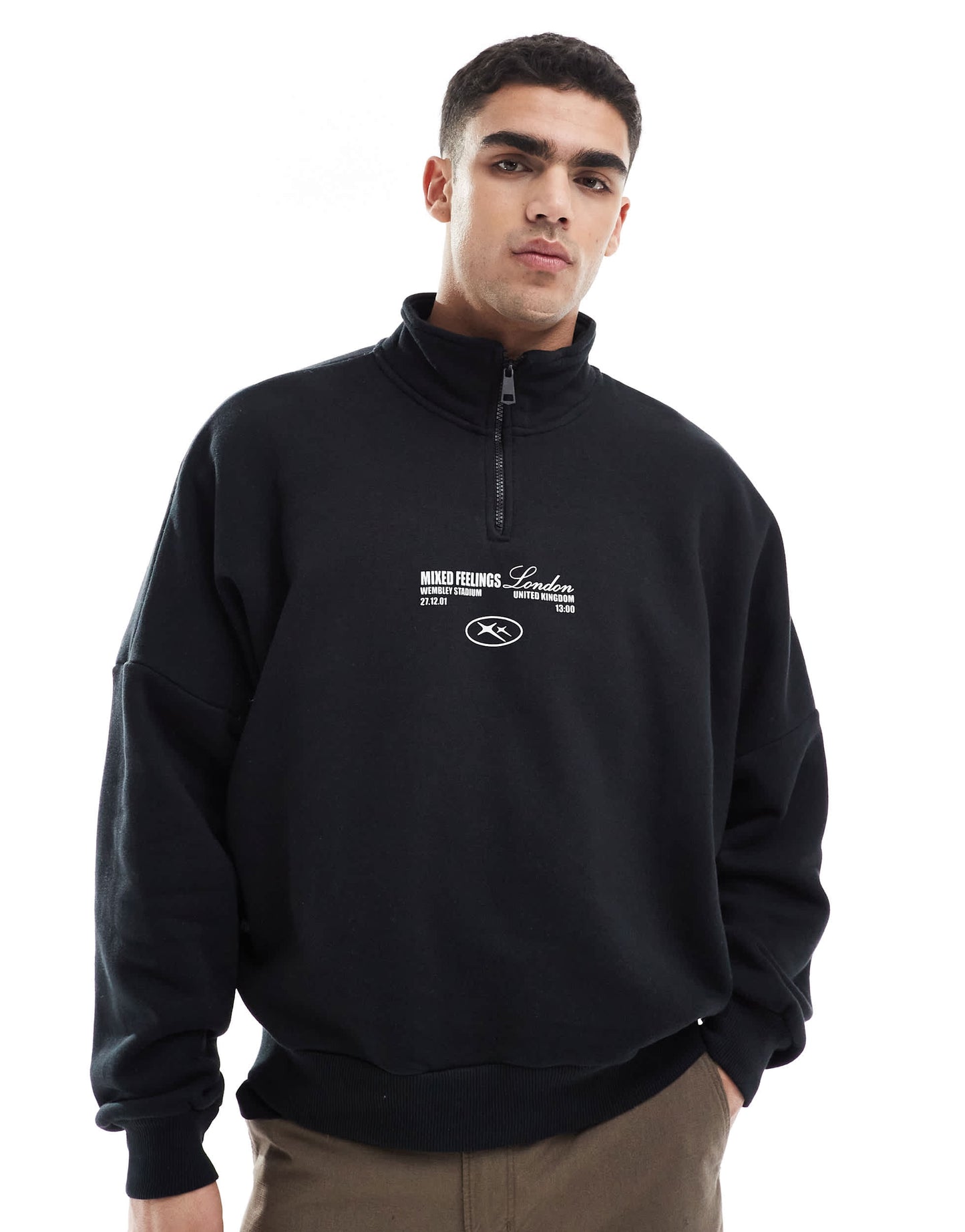 Bershka 1/4 zip piped back printed sweatshirt in black