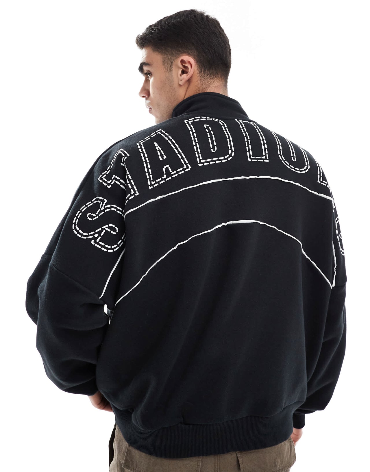 Bershka 1/4 zip piped back printed sweatshirt in black
