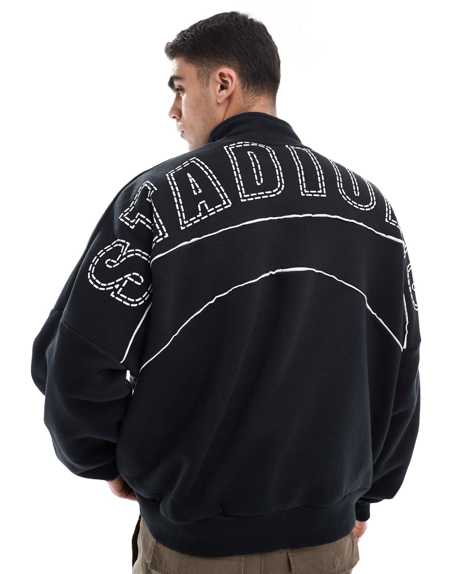 Bershka 1/4 zip piped back printed sweatshirt in black