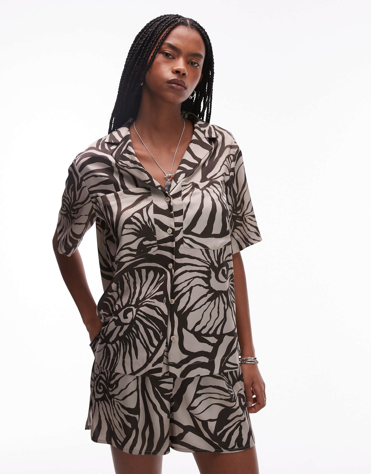 Topshop co-ord satin resort shirt in brown shell print