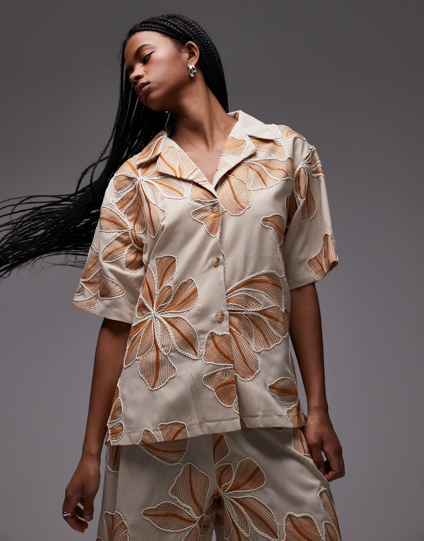Topshop co-ord resort shirt in natural floral stitch