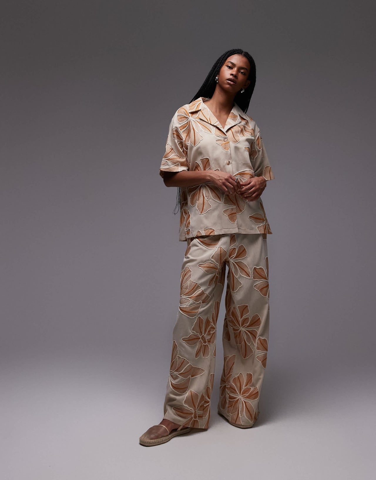 Topshop co-ord resort shirt in natural floral stitch