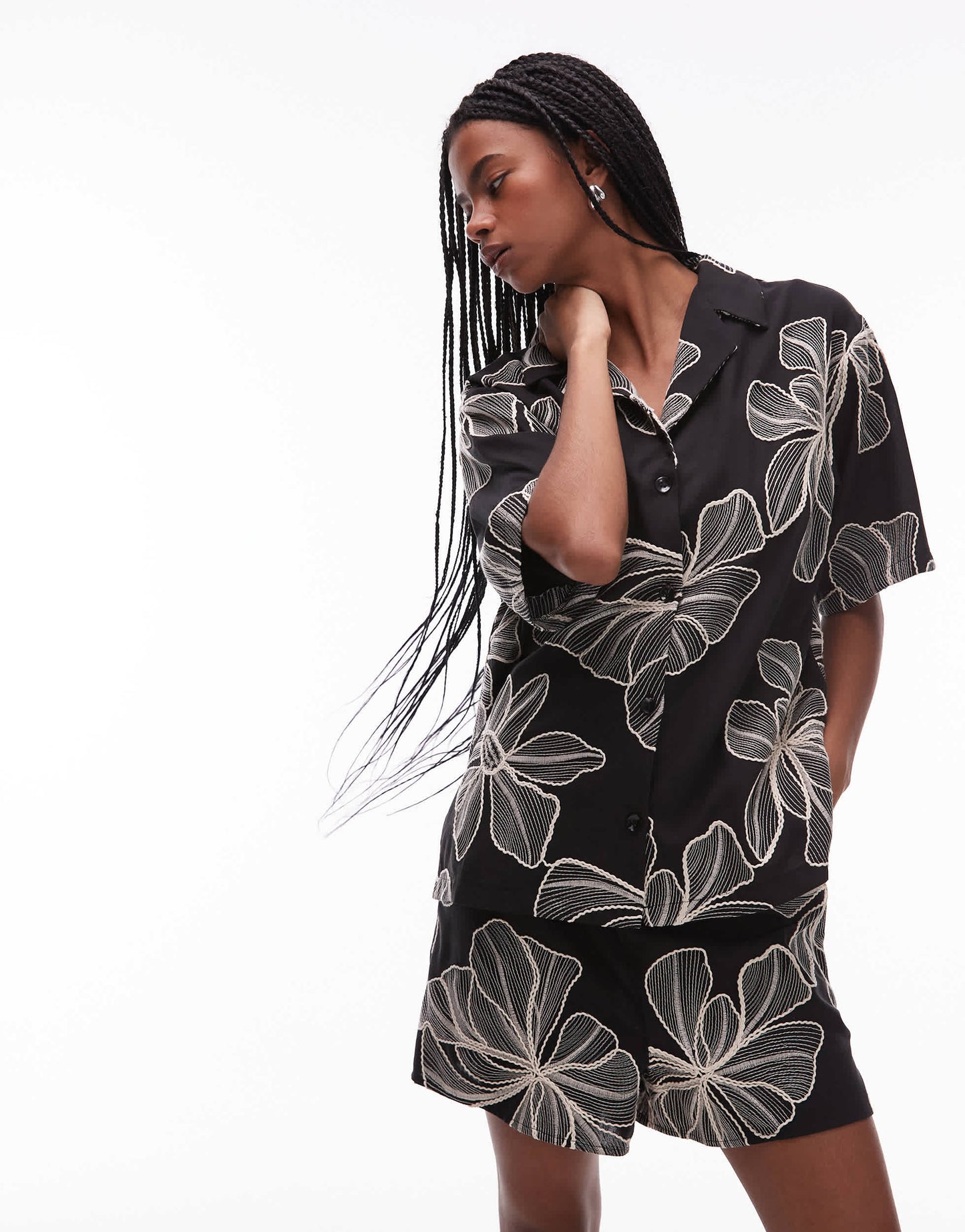 Topshop co-ord mono floral textured resort shirt in black