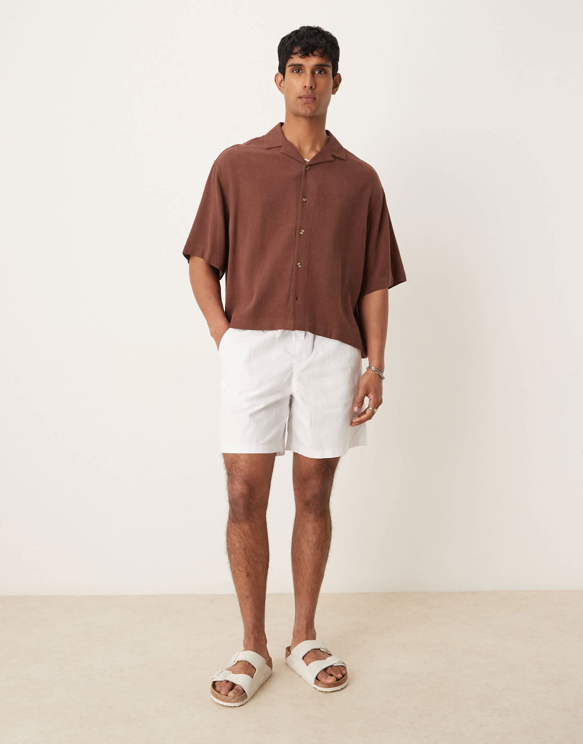 ASOS DESIGN boxy oversized revere linen blend shirt in brown