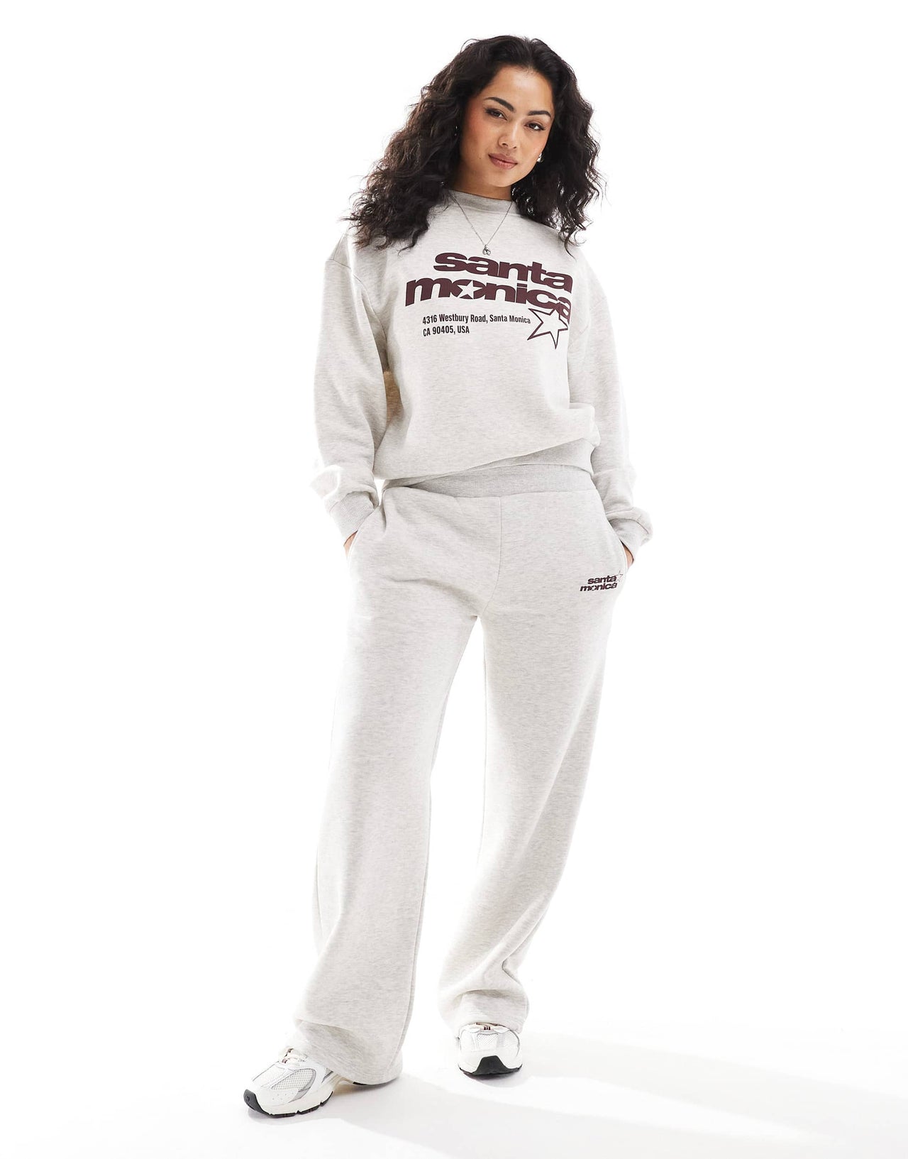 Pull&Bear 'Santa Monica' graphic wide leg jogger co-ord in grey marl