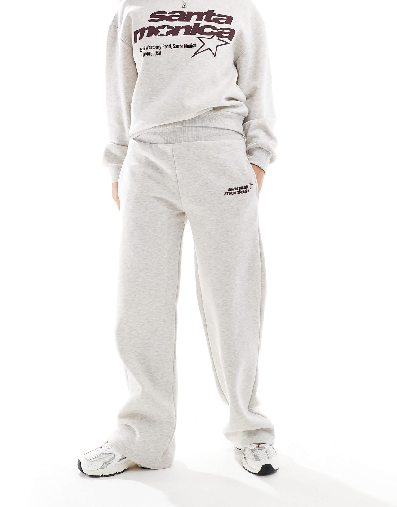 Pull&Bear 'Santa Monica' graphic wide leg jogger co-ord in grey marl
