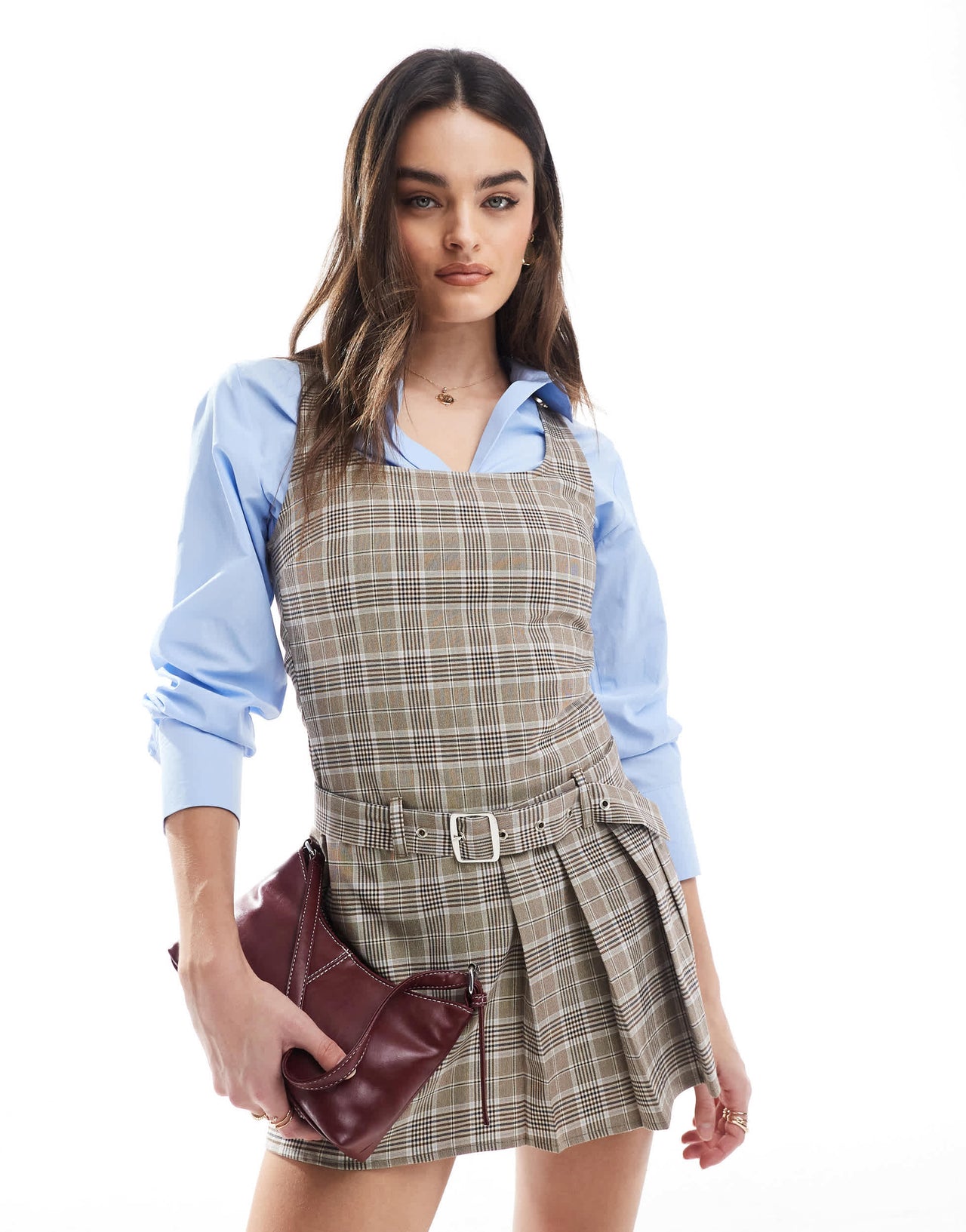 Pull&Bear pleated mini dress in brown check