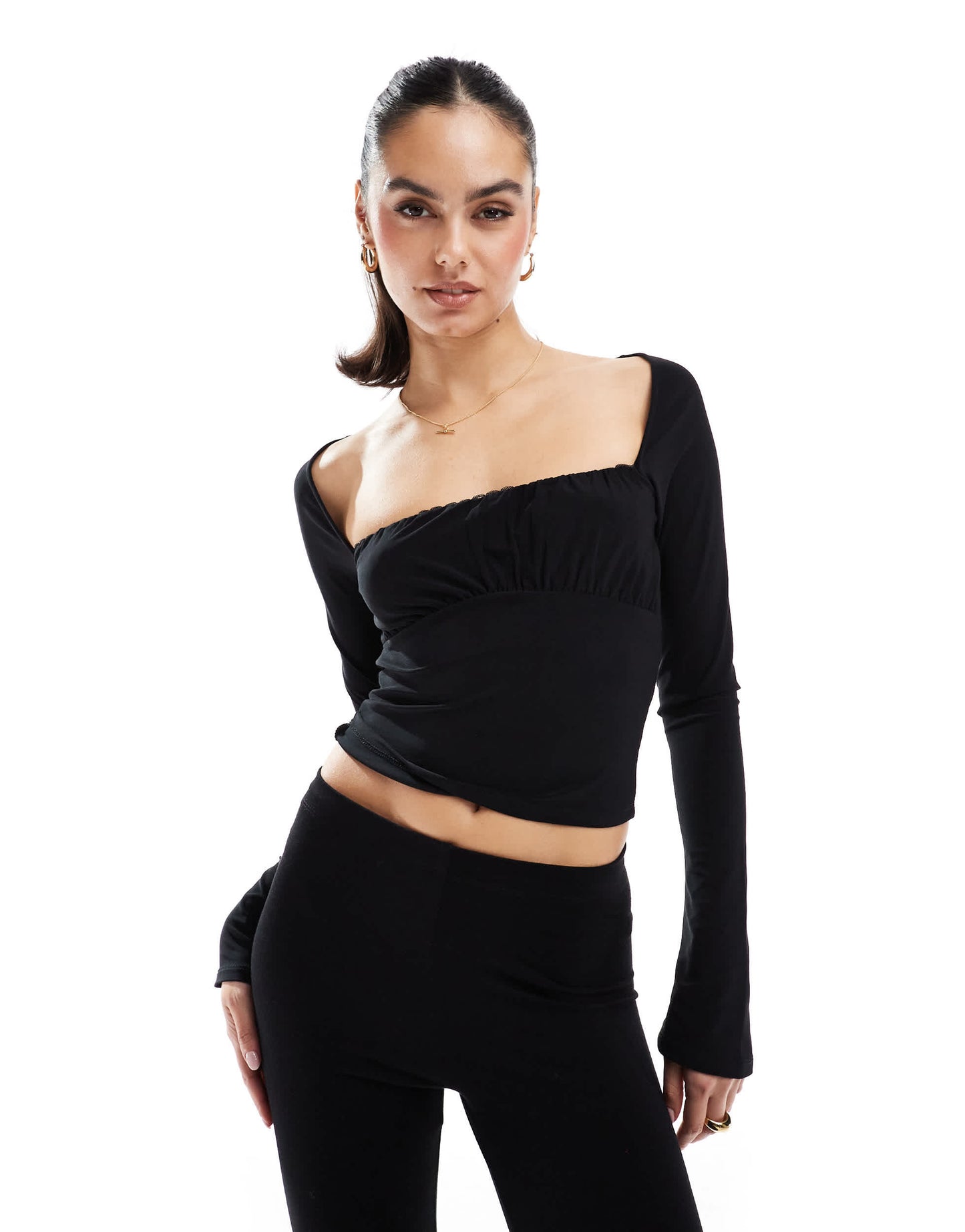 Pull&Bear ruched long sleeve mesh top in black