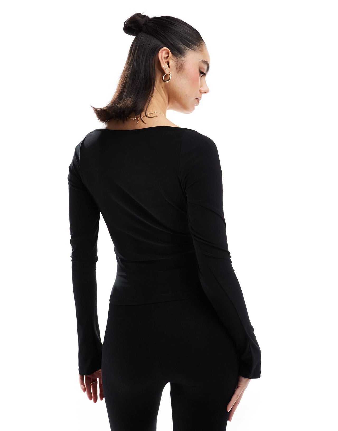 Pull&Bear ruched long sleeve mesh top in black