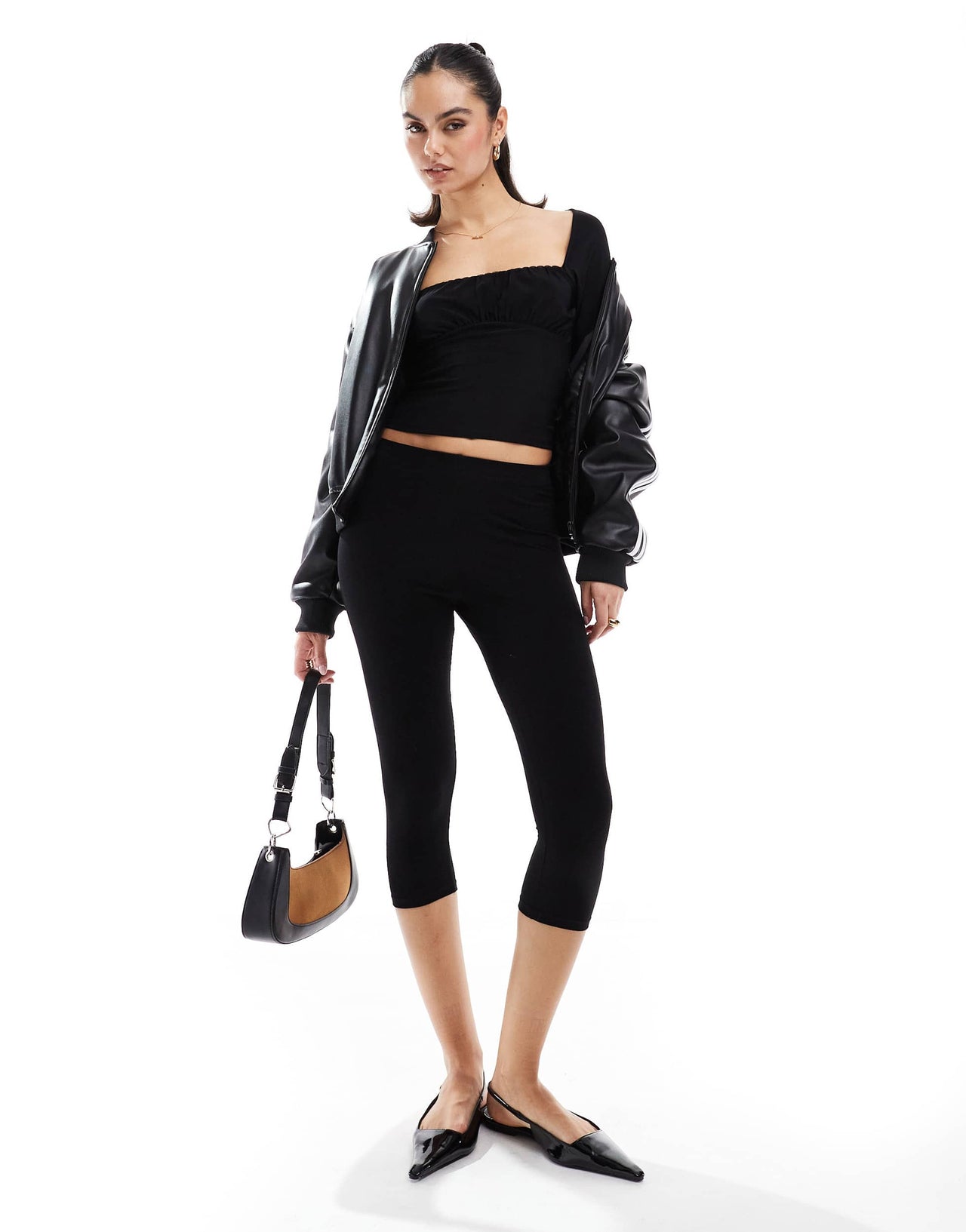 Pull&Bear ruched long sleeve mesh top in black