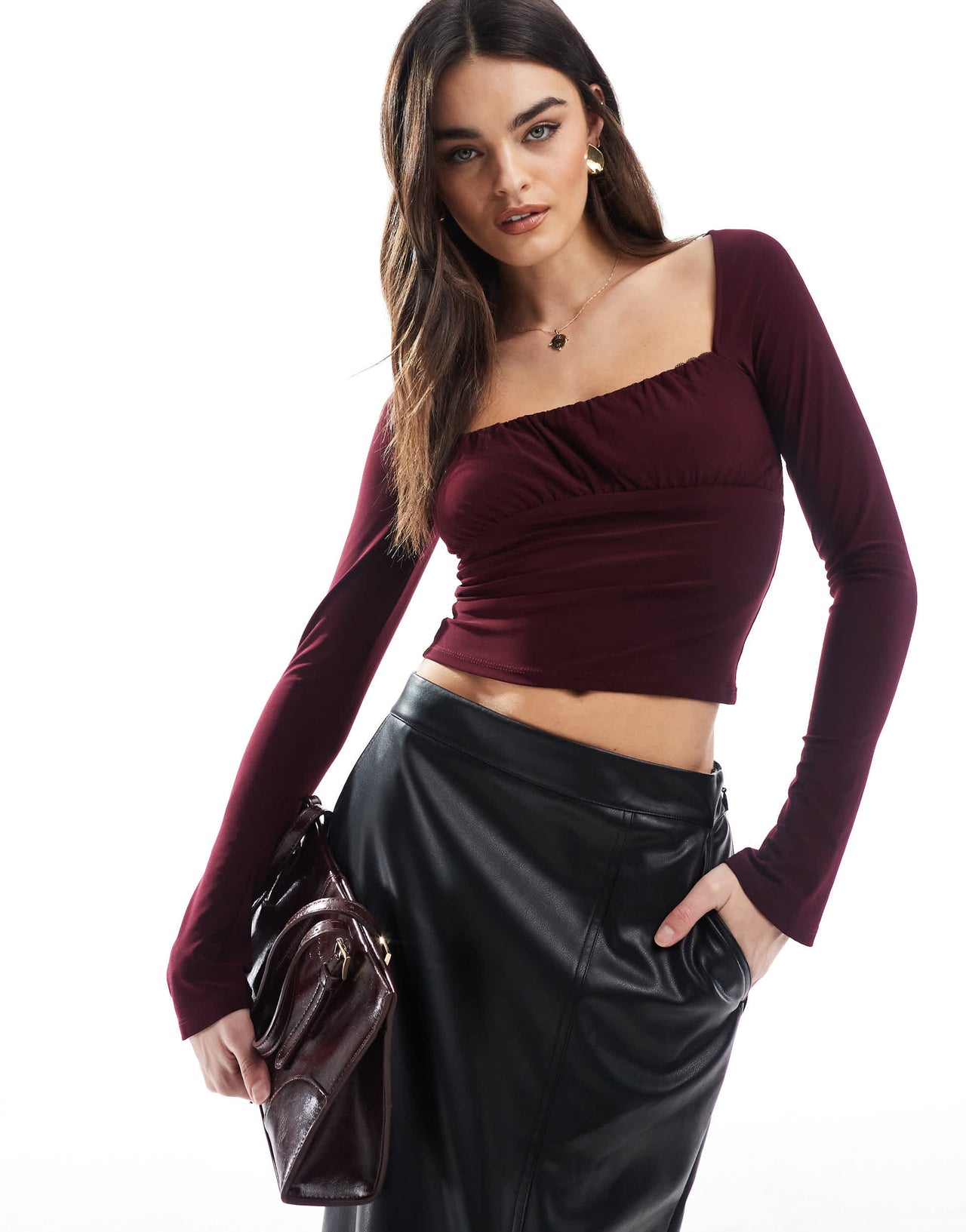 Pull&Bear ruched long sleeve mesh top in burgundy