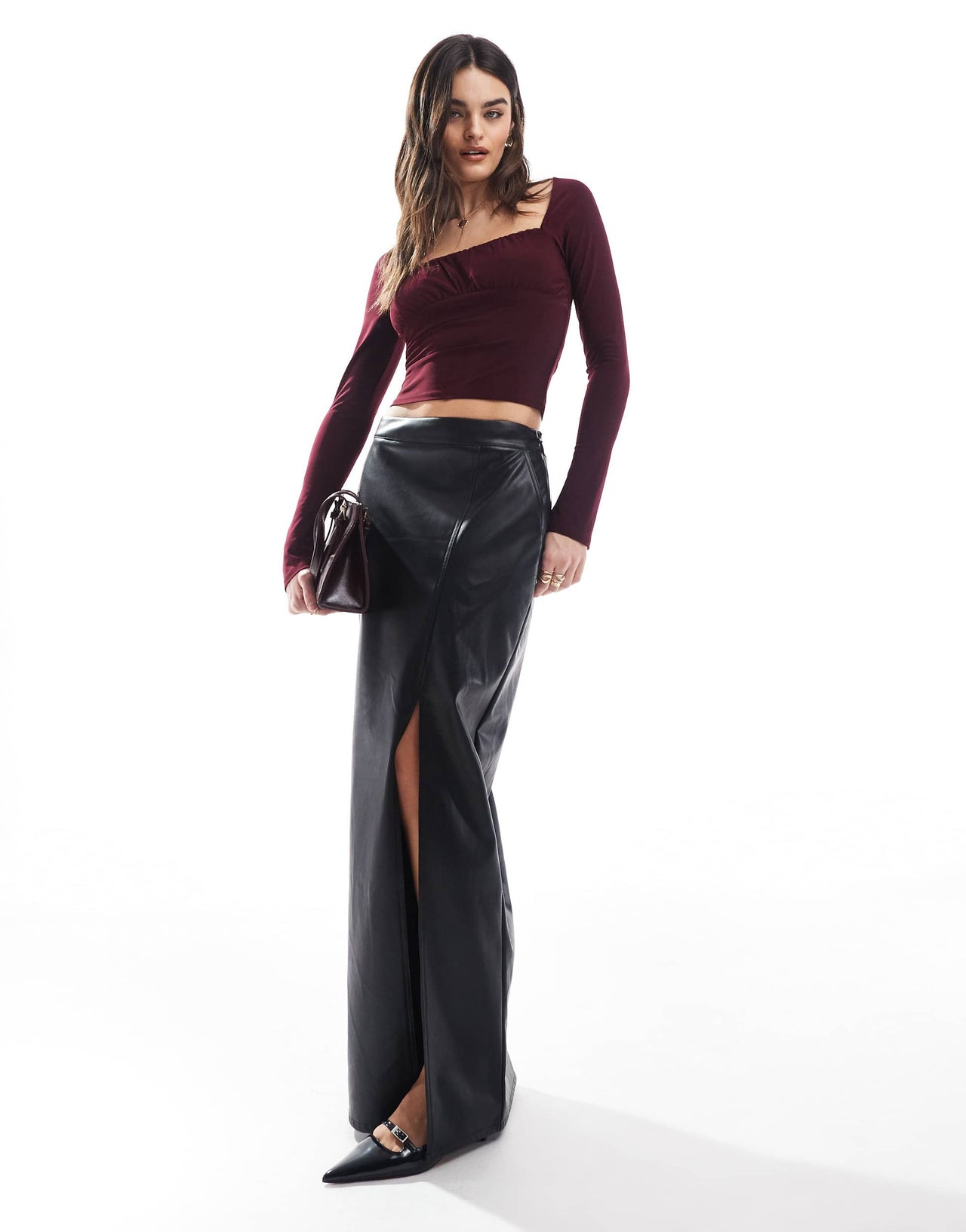 Pull&Bear ruched long sleeve mesh top in burgundy