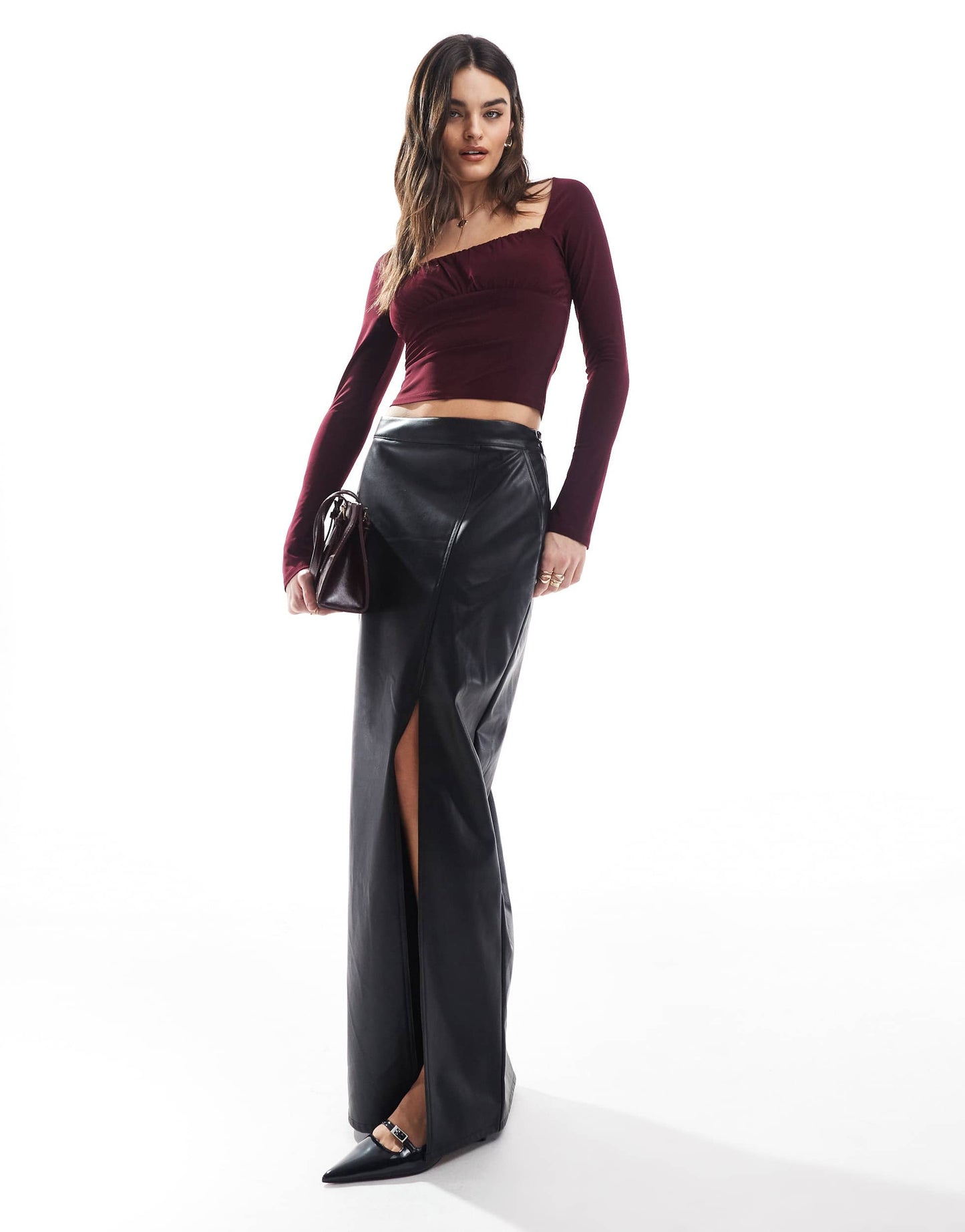 Pull&Bear ruched long sleeve mesh top in burgundy