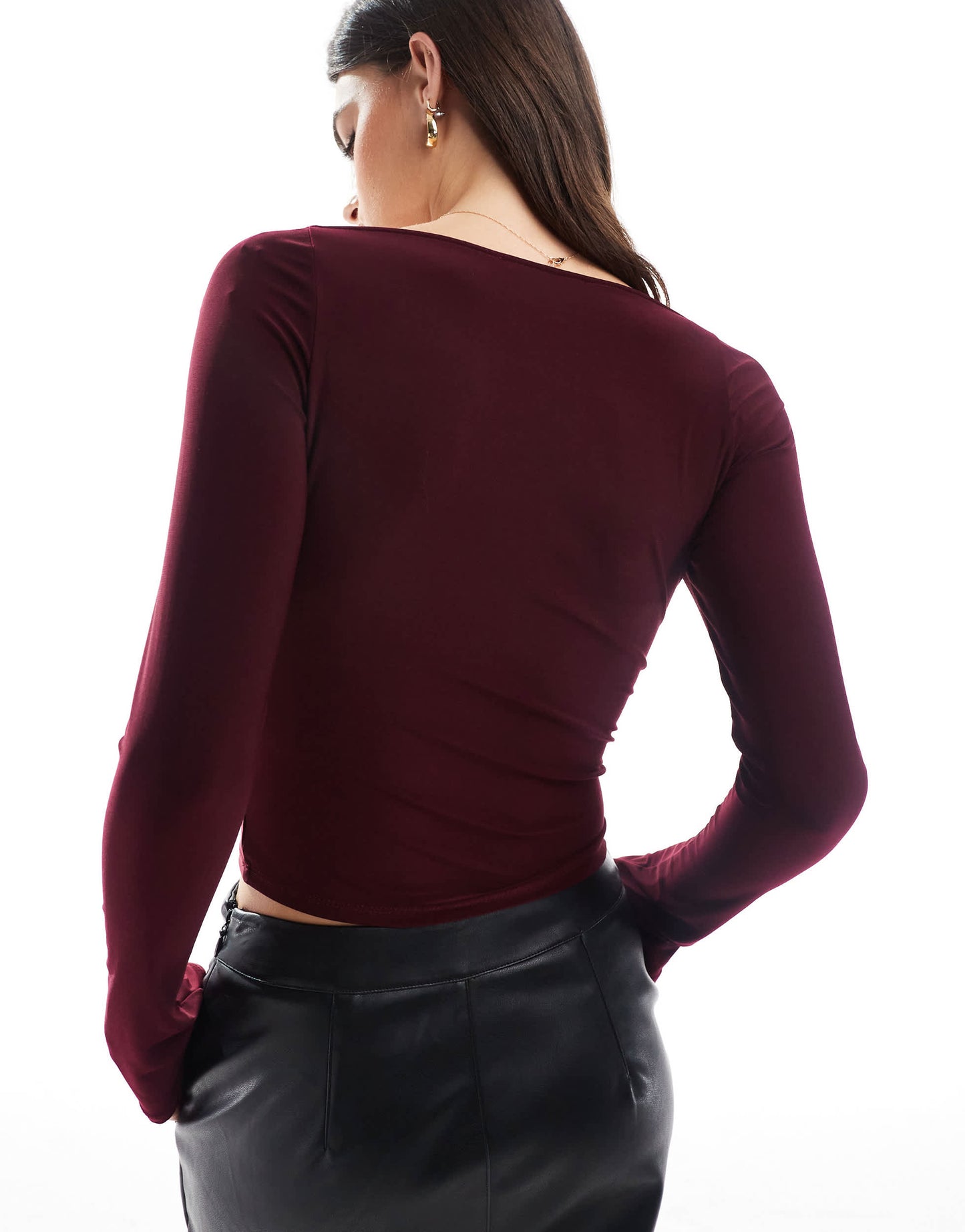 Pull&Bear ruched long sleeve mesh top in burgundy