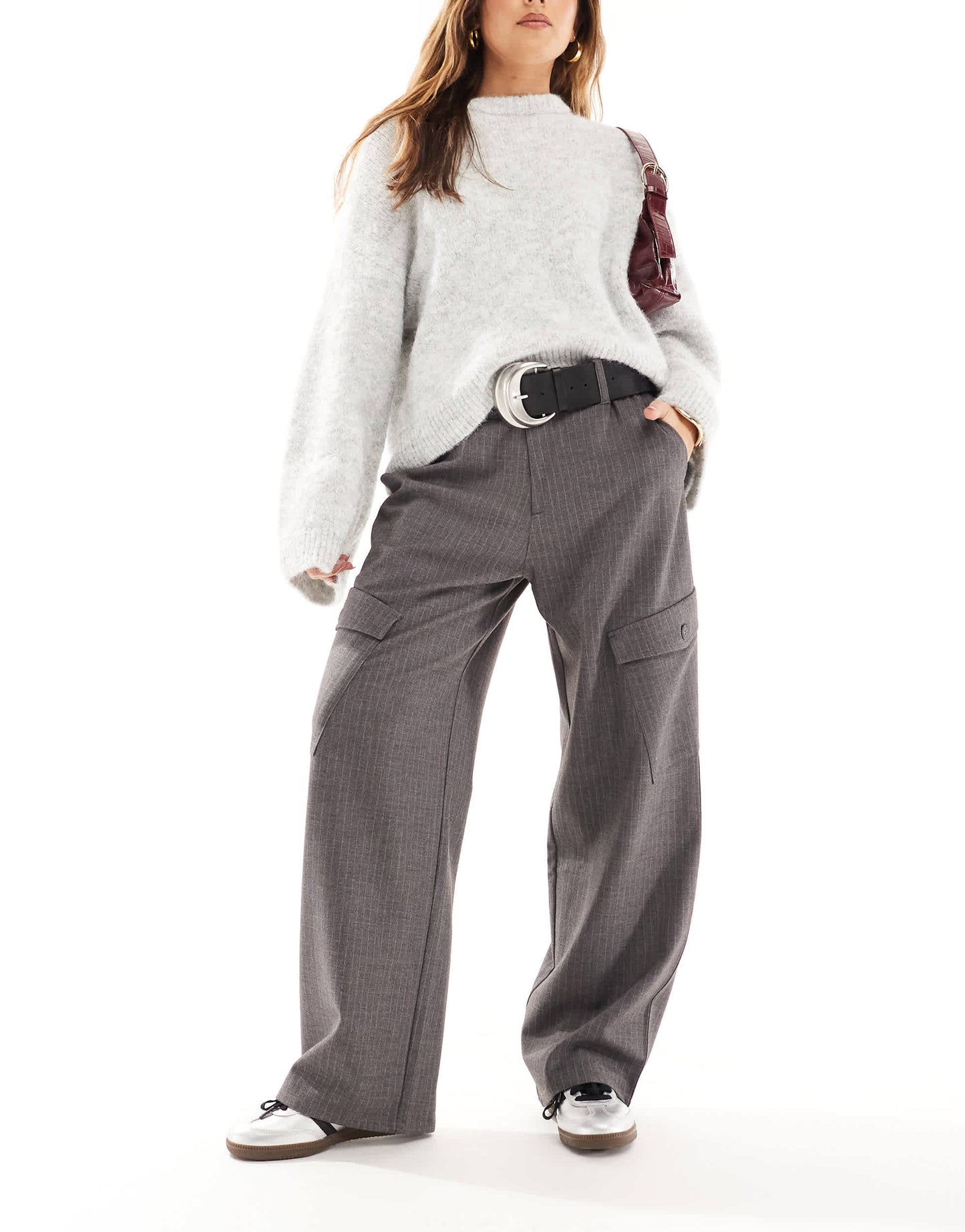 Pull&Bear pinstripe cargo trouser in grey