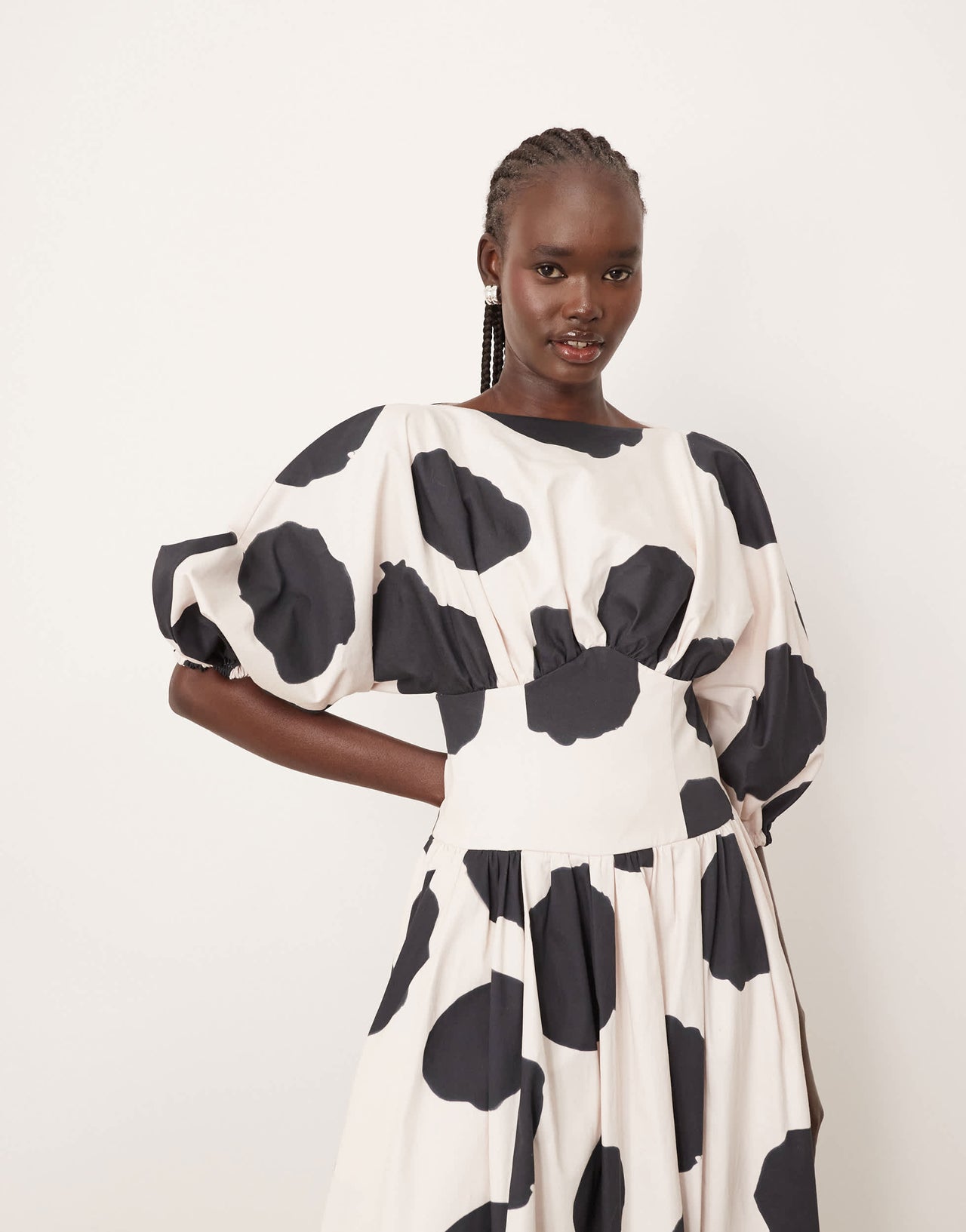 ARRANGE cotton cinched waist midi dress with balloon sleeve in bold spot