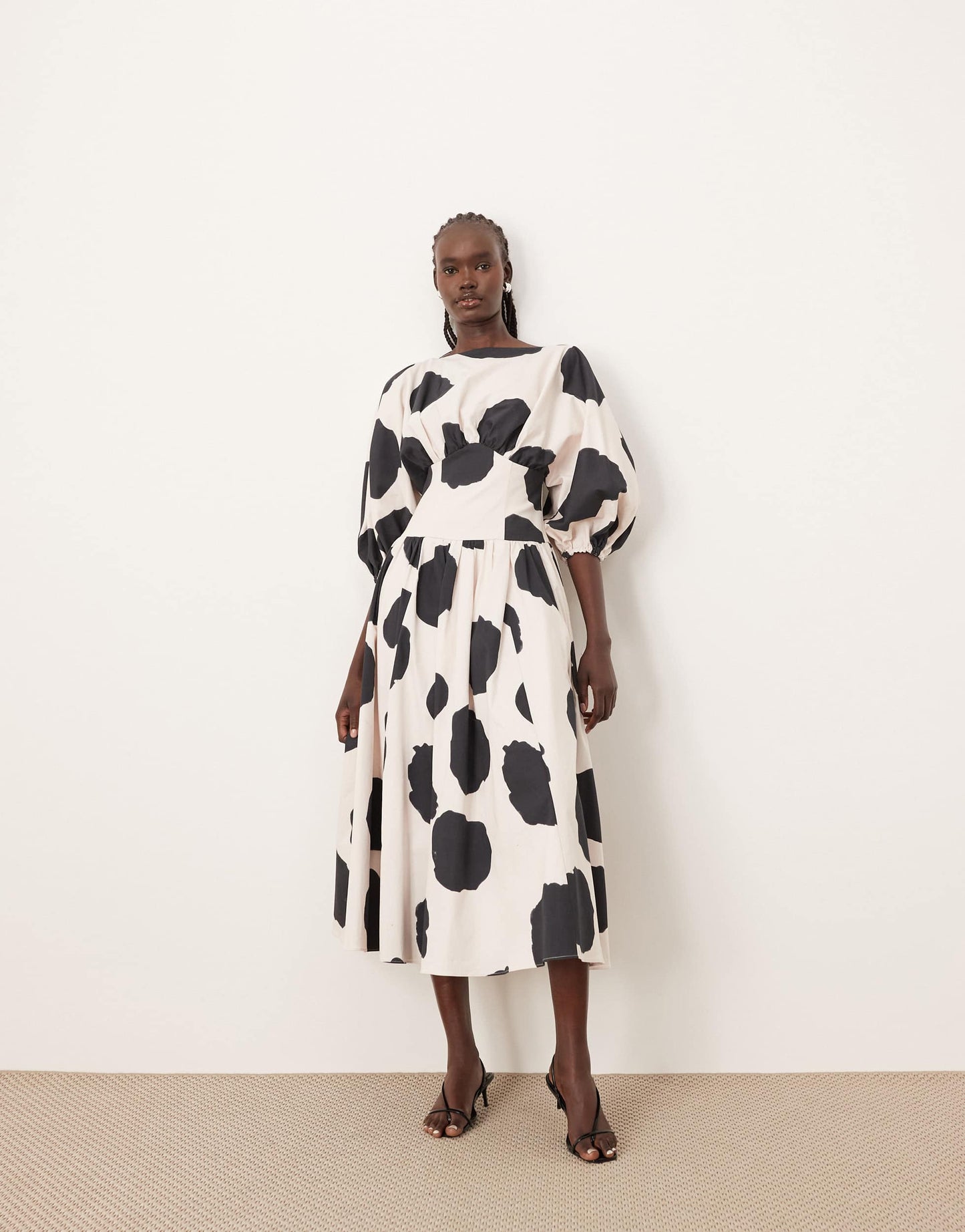 ARRANGE cotton cinched waist midi dress with balloon sleeve in bold spot