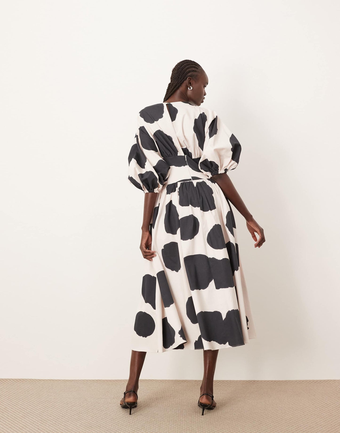 ARRANGE cotton cinched waist midi dress with balloon sleeve in bold spot