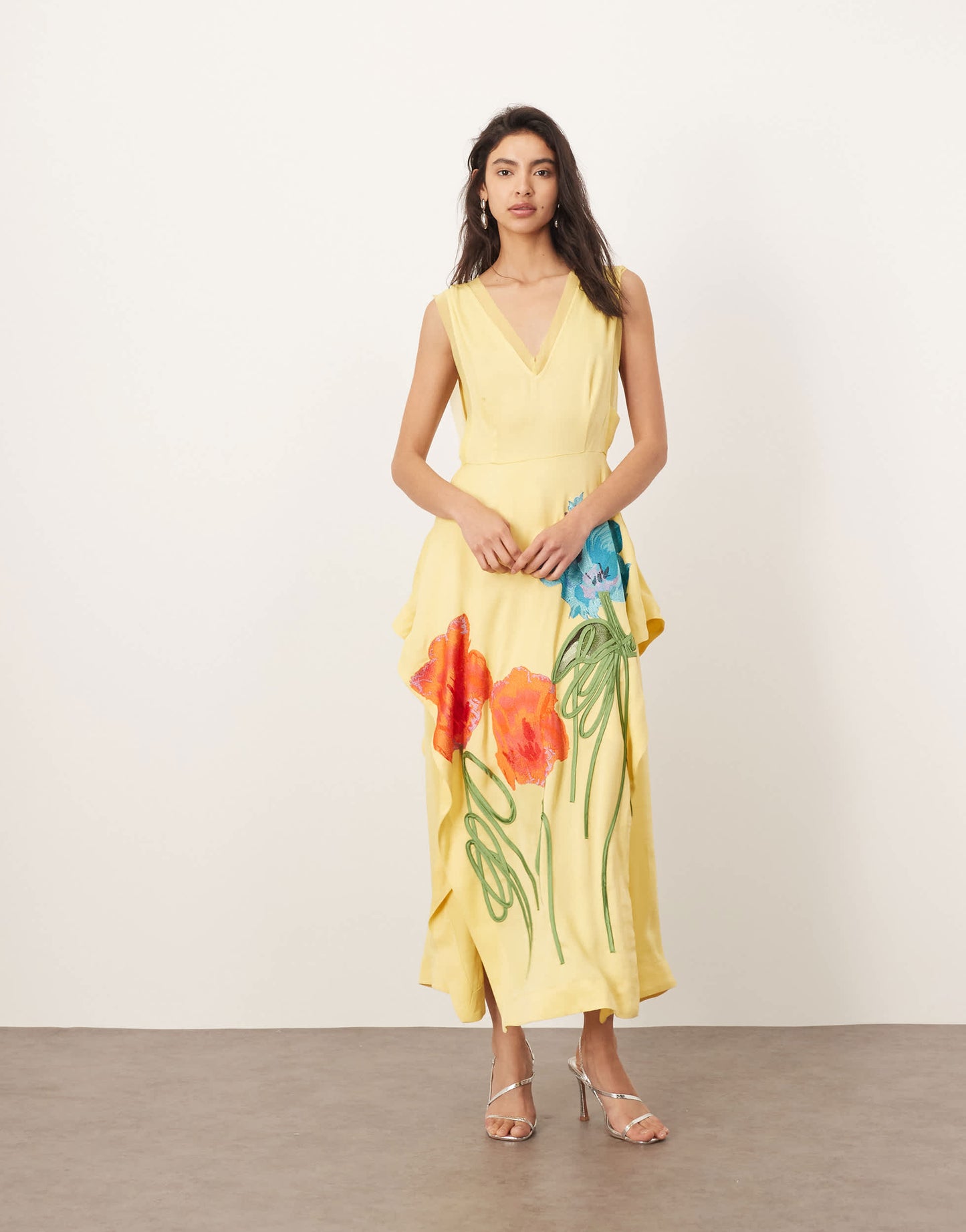 ARRANGE floral embroidered sleeveless midi dress with side splits in yellow